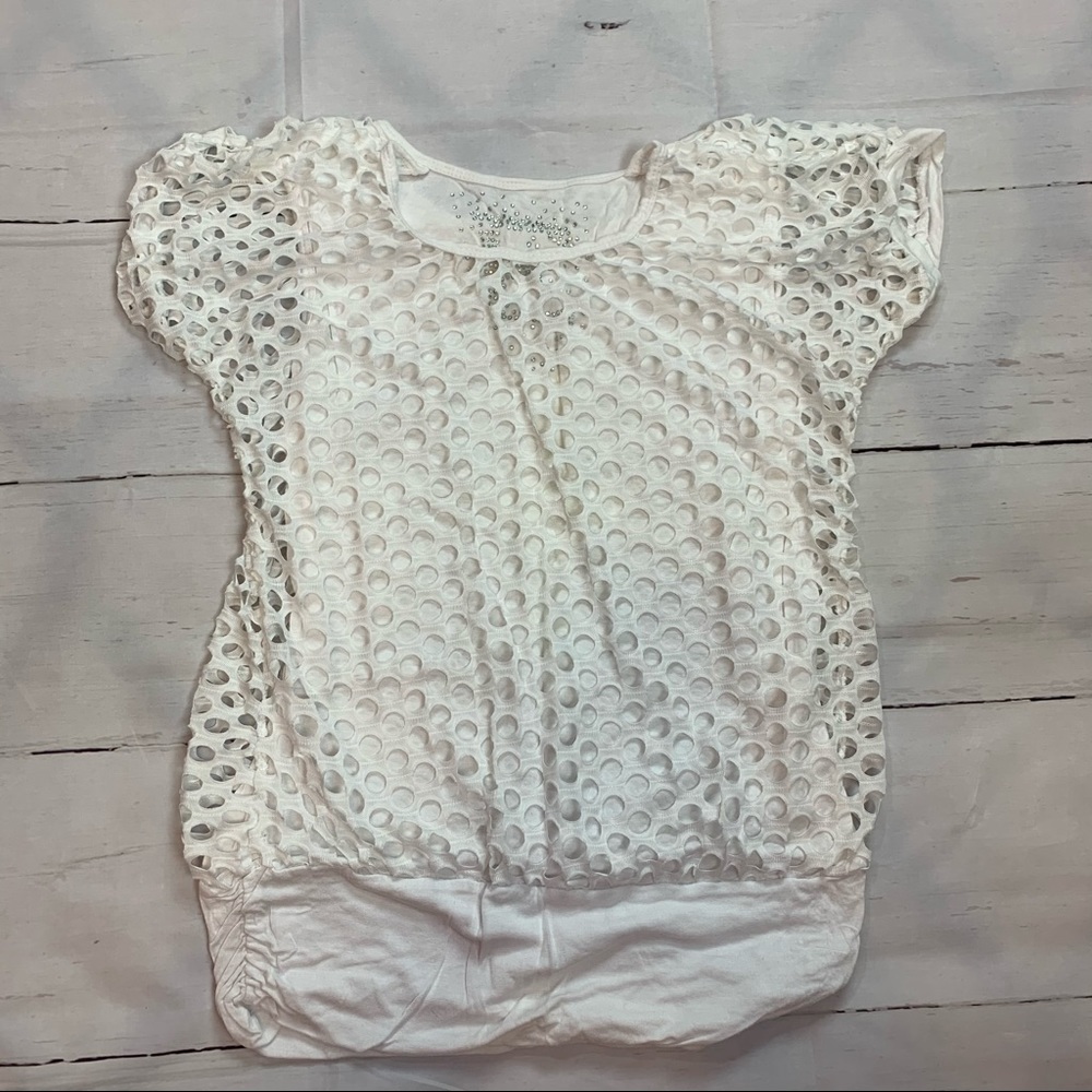 Lace crochet white summer party top tee sparkling studs stretchy comfort medium